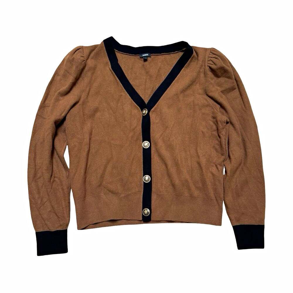 Express Brown Black Knit V-Neck Button Front Cardigan Sweater Womens XL